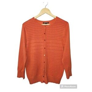 Cable & Gauge Women's Orange Button-Up 3/4 Sleeve Tight-Knit Cardigan Size Large